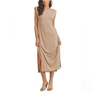 NWT Shoulder Pad Taupe Midi Dress Size Small